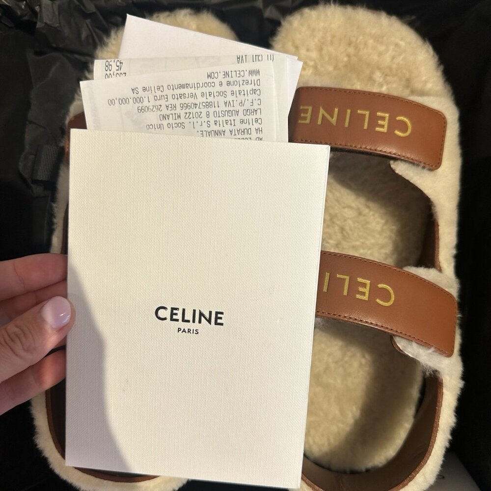 NEW Celine Leo Scratch Sandal Shearling Fur Tan Logo Strap Platform Flat 39 - Picture 11 of 11